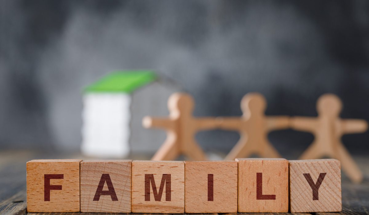 Family safety concept with wooden figures of people, cubes, model house on wooden and foggy background side view.